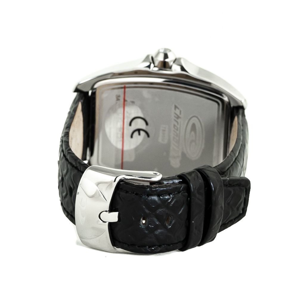 A black leather watch with silver accents