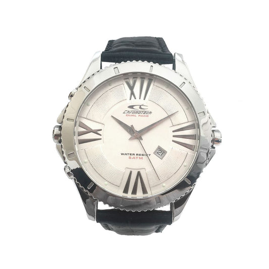 Silver and black chronograph watch with leather strap
