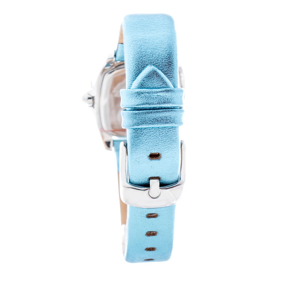 A blue leather watch with a silver buckle