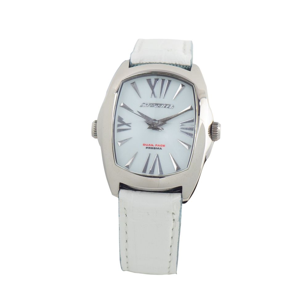 Silver watch with blue leather strap and white face