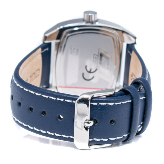 A blue leather watch with a silver buckle