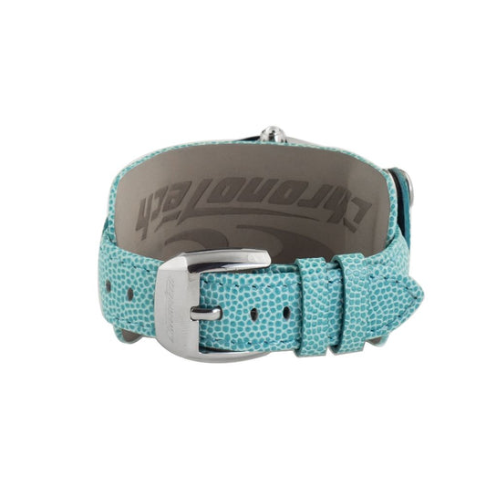 A blue leather watch with a silver buckle