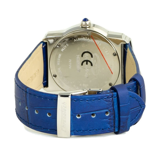 A blue leather watch with a silver face and black hands