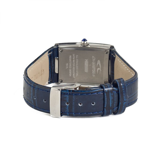 A blue leather watch with a silver face and black hands