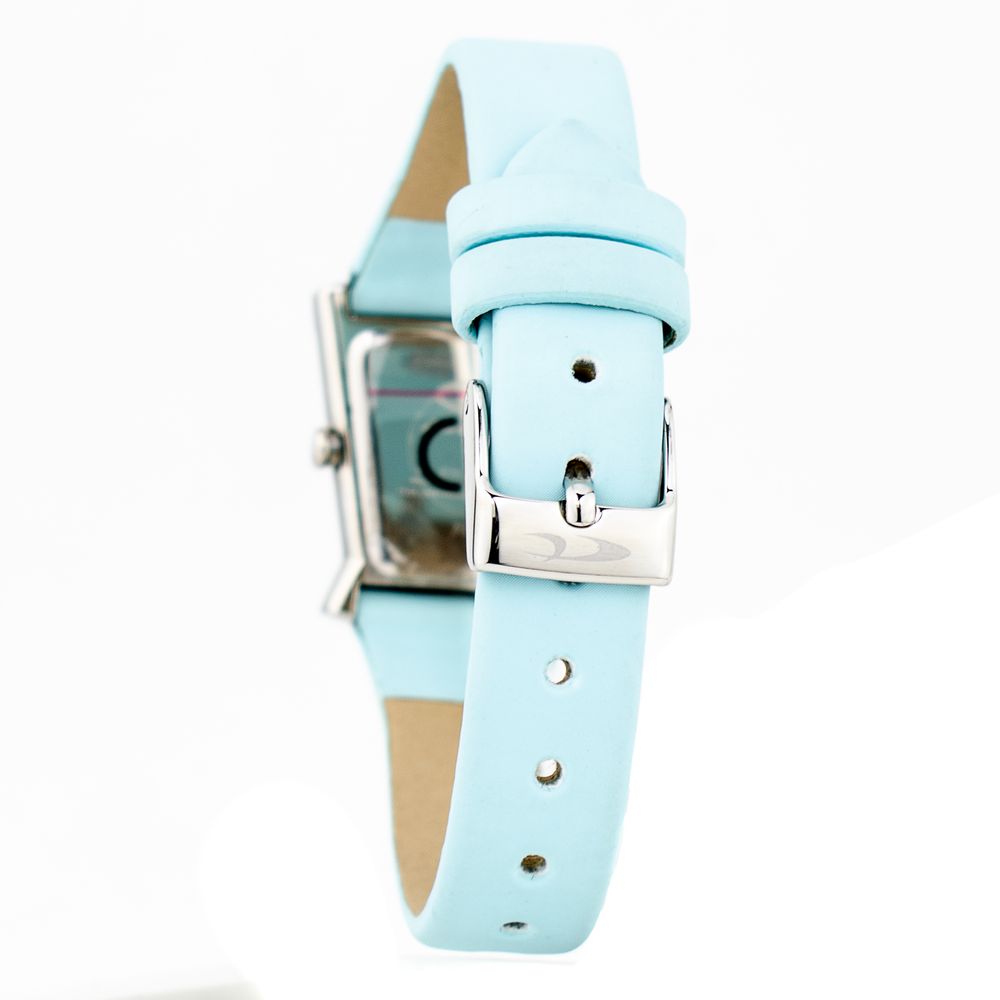 A blue leather watch strap with a silver buckle