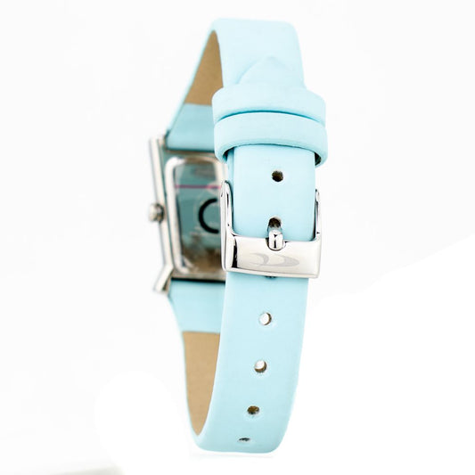 A blue leather watch strap with a silver buckle