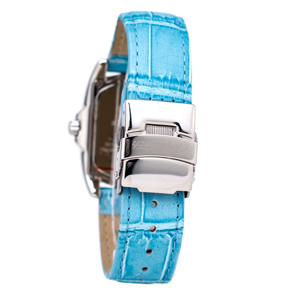 A blue leather watch strap with a silver buckle