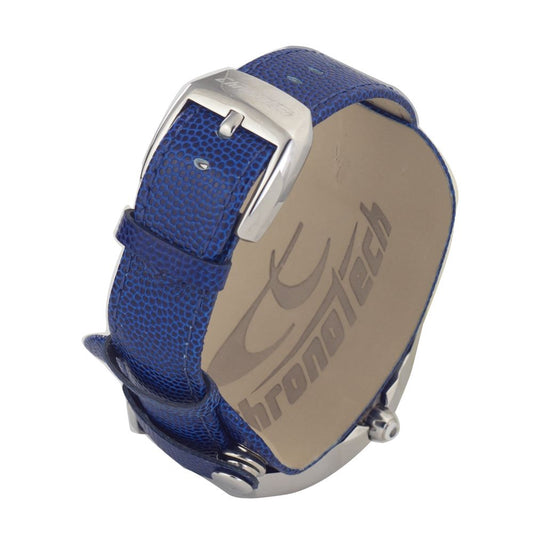 A blue leather watch with a silver buckle
