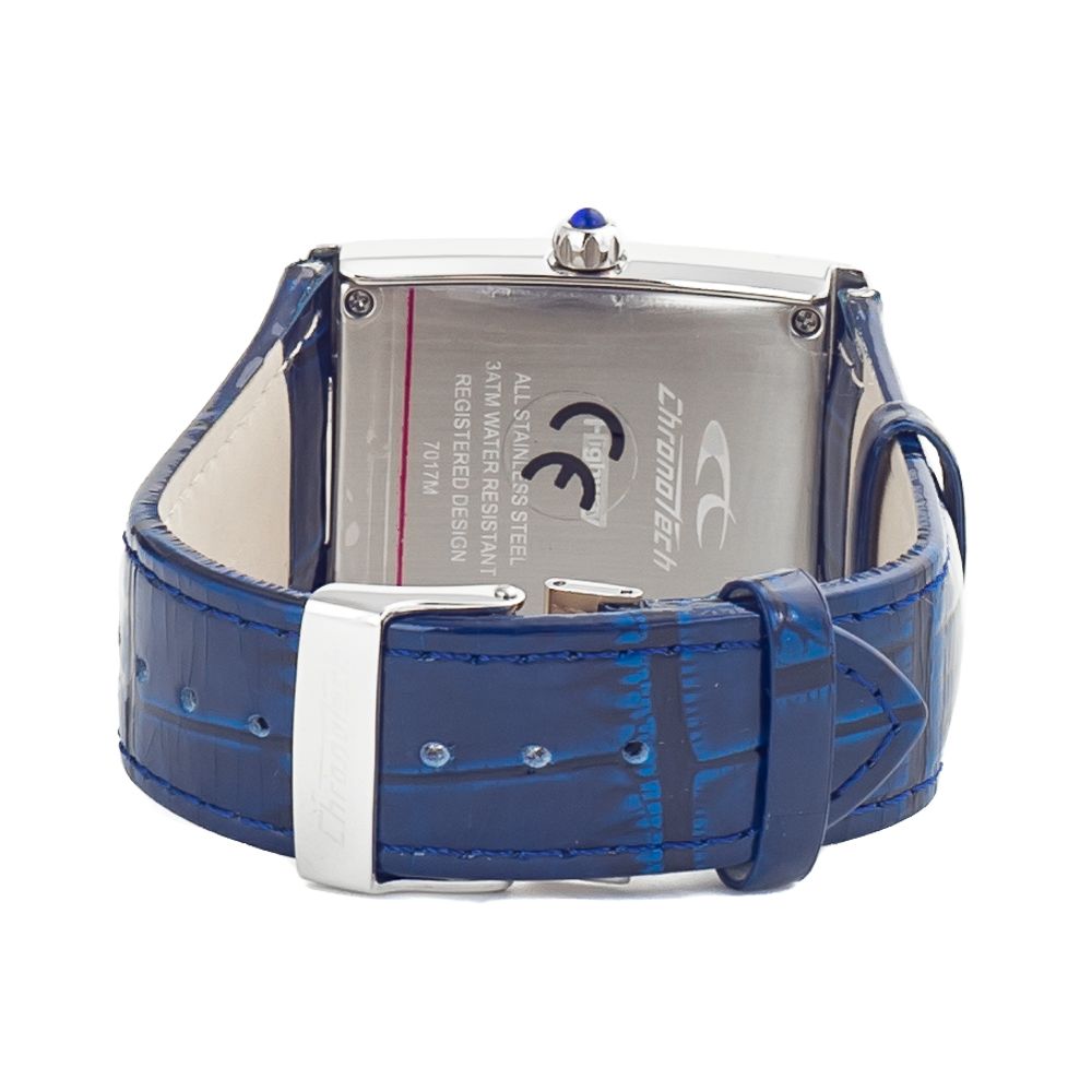 A blue leather watch with a silver face and black hands