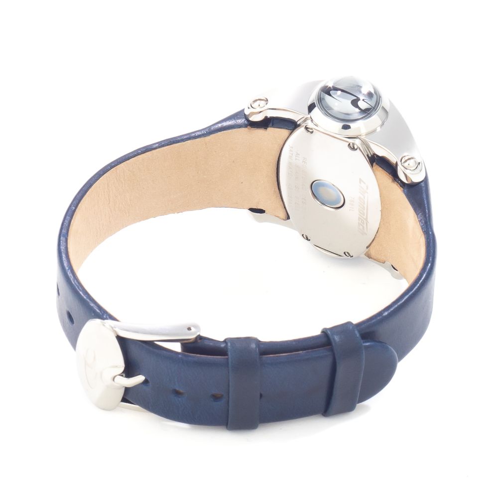 A blue leather watch with a silver face and white hands