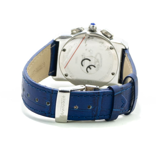 A blue leather watch with a silver face and red second hand
