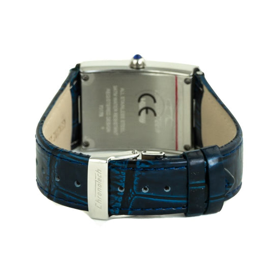 A blue leather watch with a silver buckle