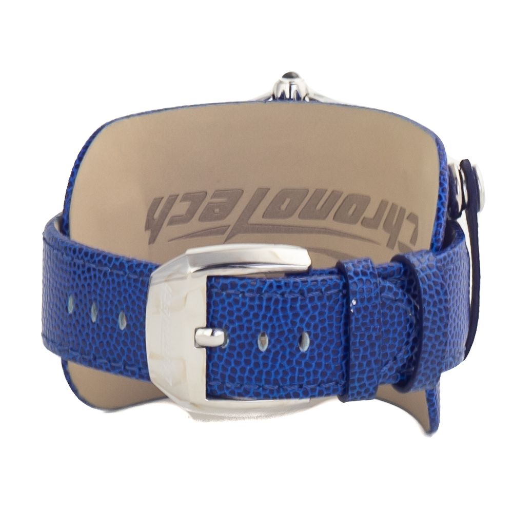 A blue leather watch with a silver buckle