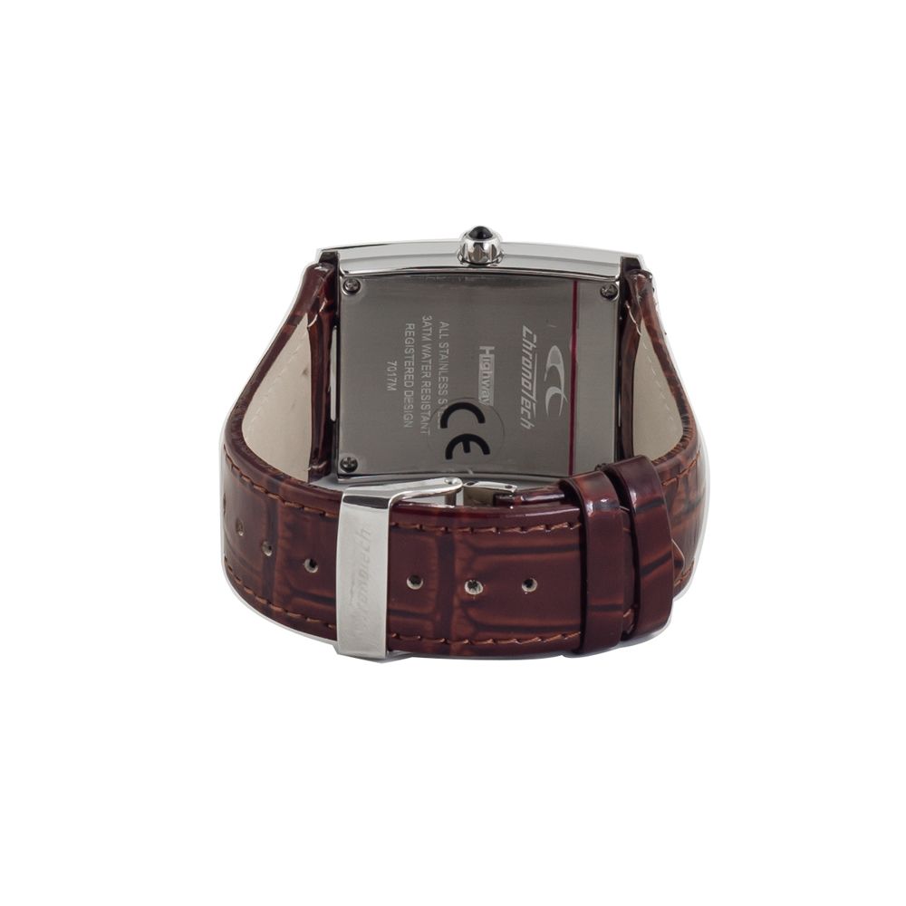 A brown leather watch with a silver buckle