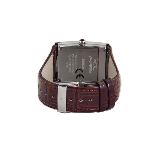 A brown leather watch with a silver buckle
