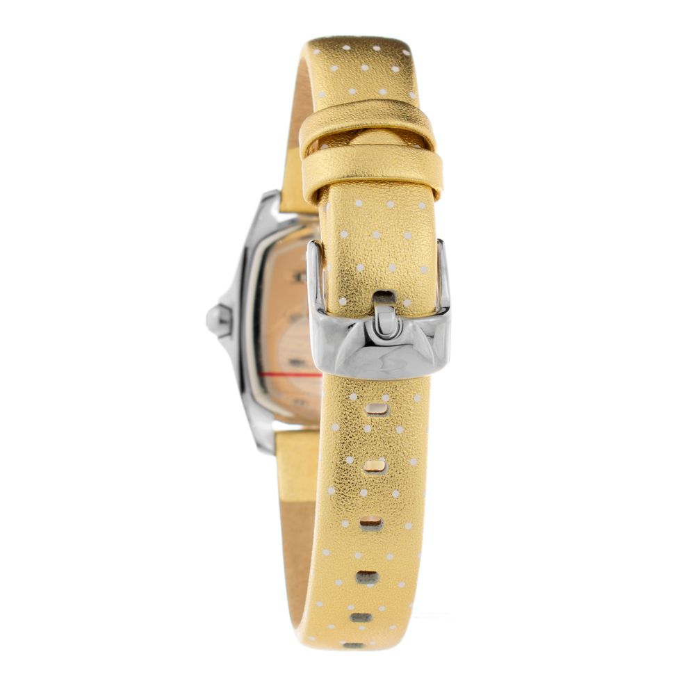 A gold leather watch with a silver buckle