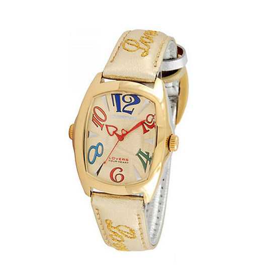 A gold leather dress watch with a white face featuring blue numbers and hands, on a silver metal band