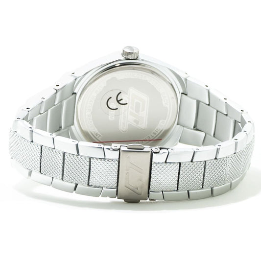 Silver aluminum watch with black face and white hands