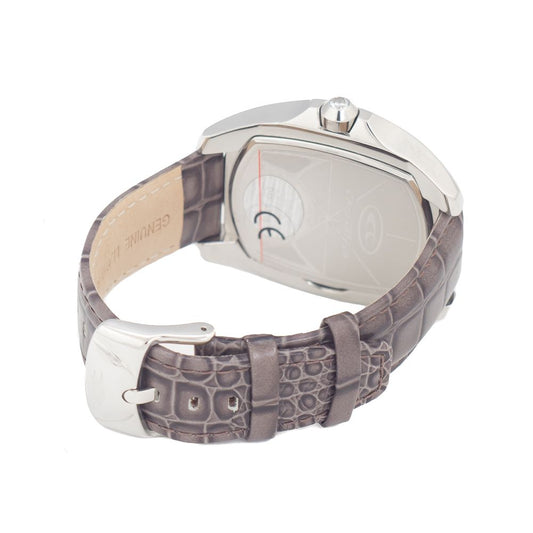 Silver watch with brown leather strap and crocodile skin texture
