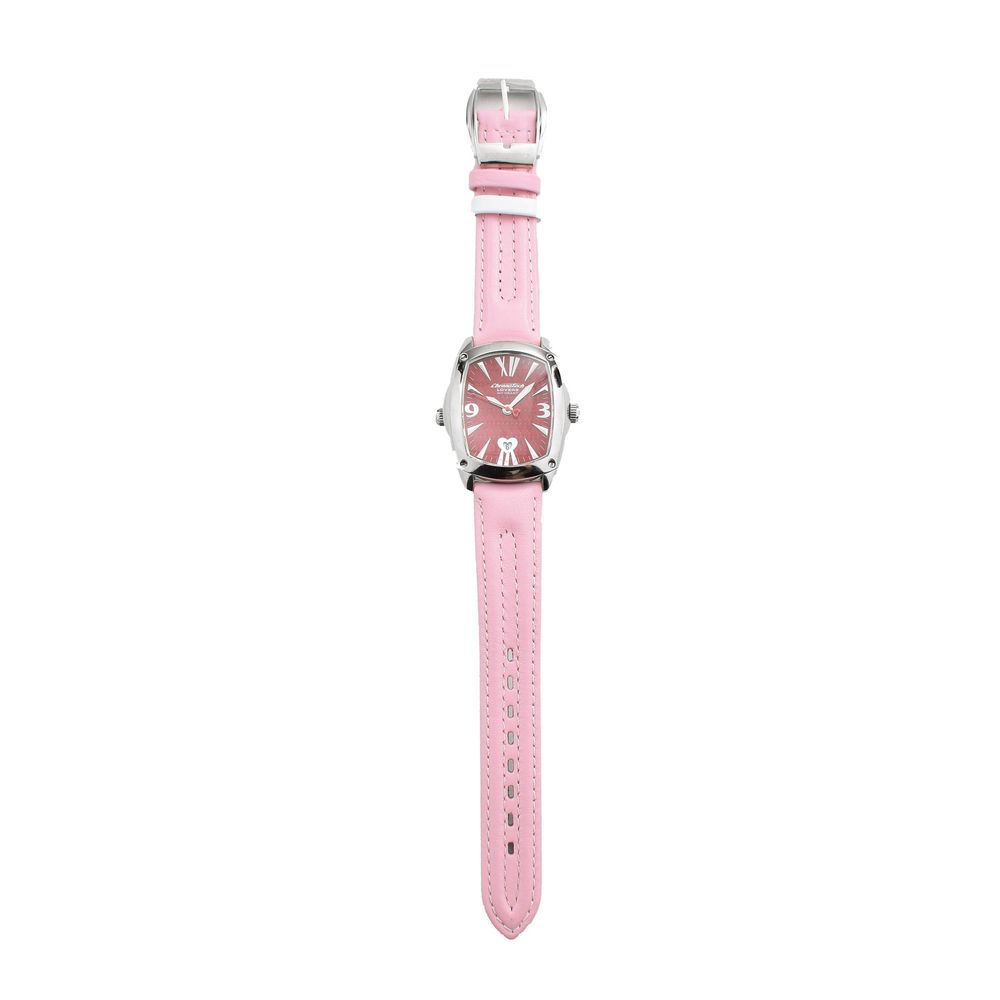 Pink leather watch with white face and hands
