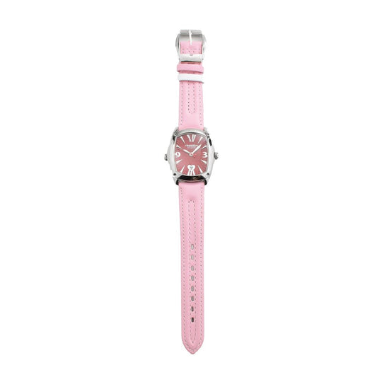 Pink leather watch with white face and hands