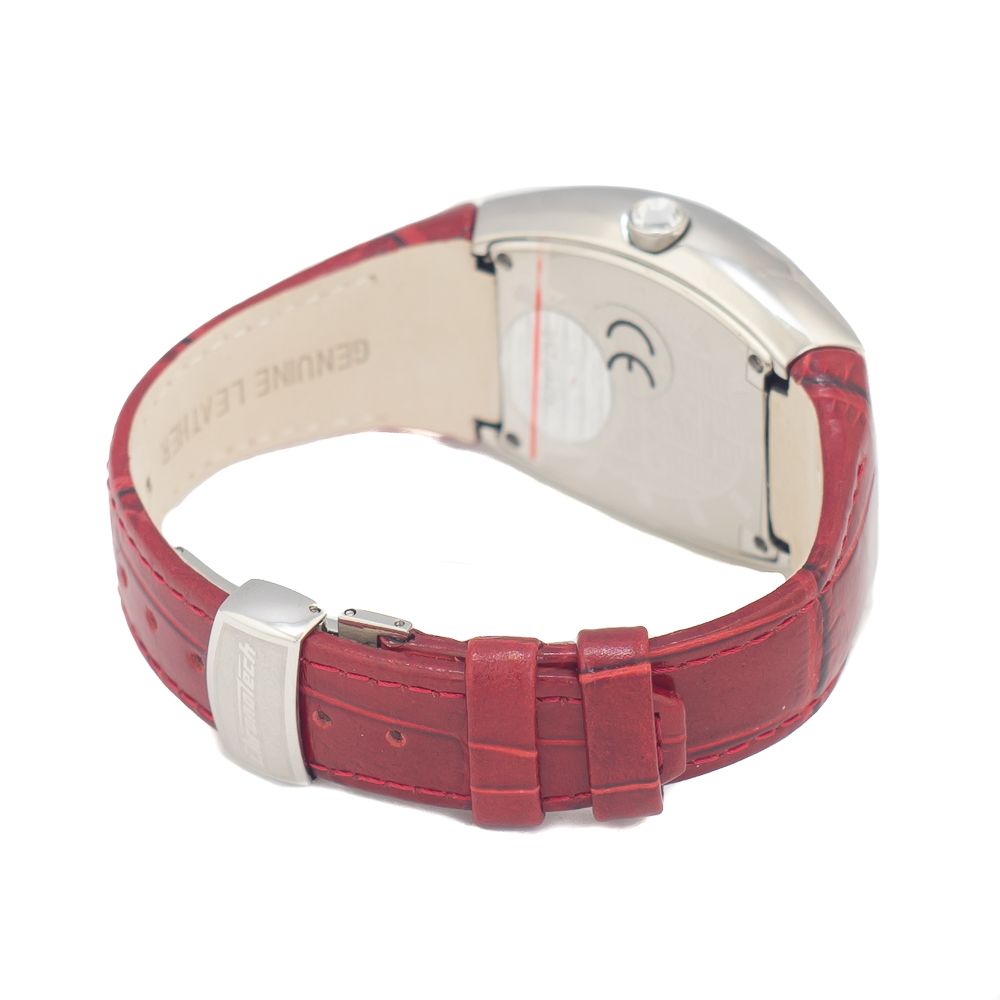 Red leather watch with silver buckle and face, featuring multiple colors on band