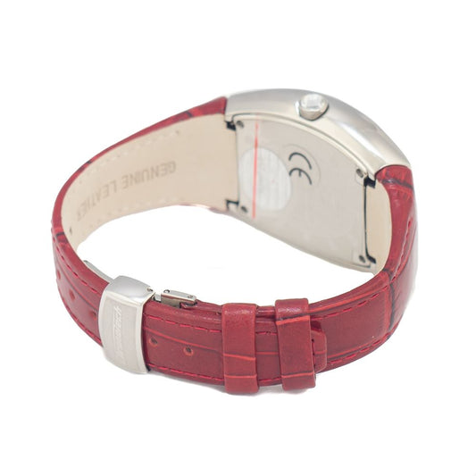 Red leather watch with silver buckle and face, featuring multiple colors on band