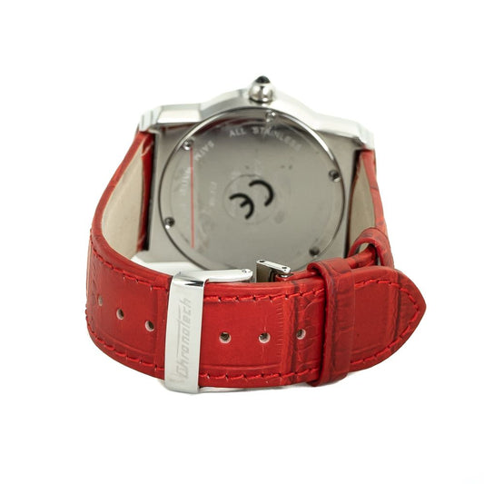Red leather watch with silver buckle and face, featuring chronograph function
