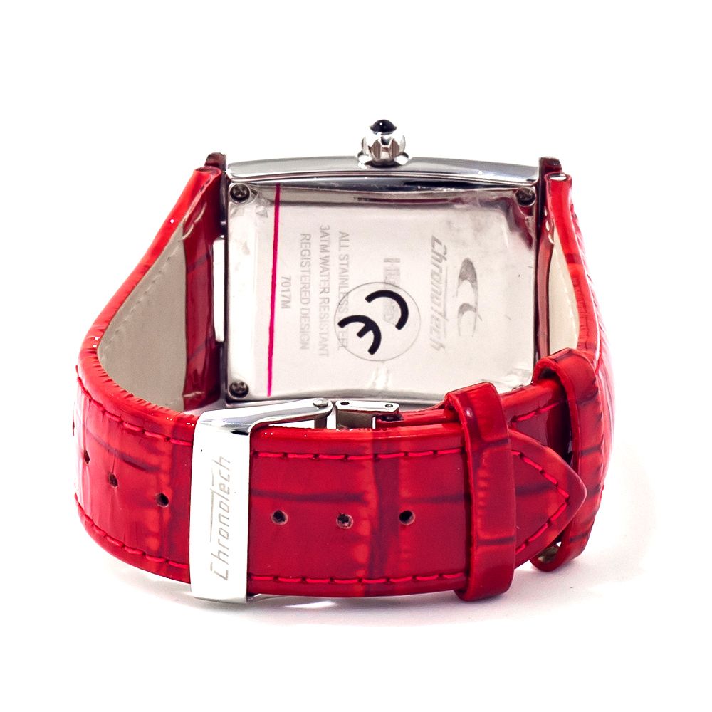 Red leather watch with silver buckle and white face