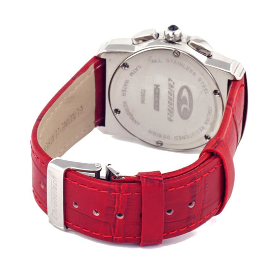 Red leather watch with silver face and white text
