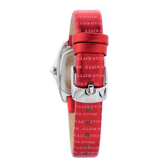 Red leather watch with white face and silver buckle