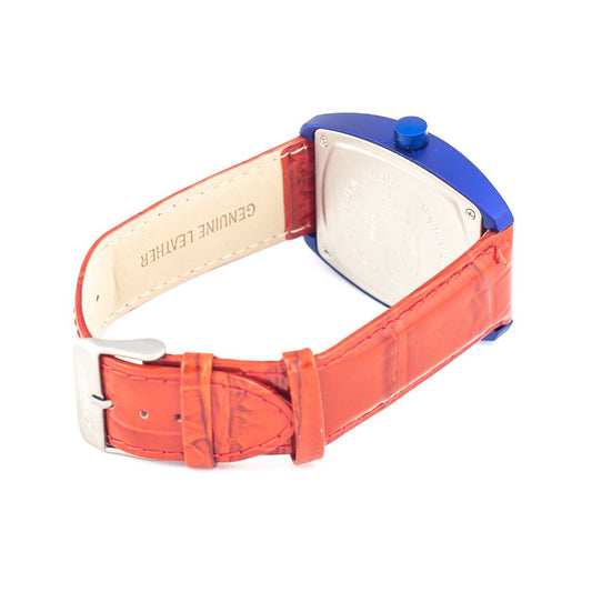 Red blue and white leather watch with silver buckle