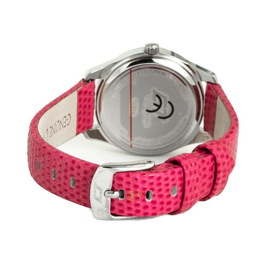 Red leather watch with silver buckle and white face featuring red and black details