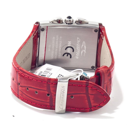Red leather watch with silver buckle and white face