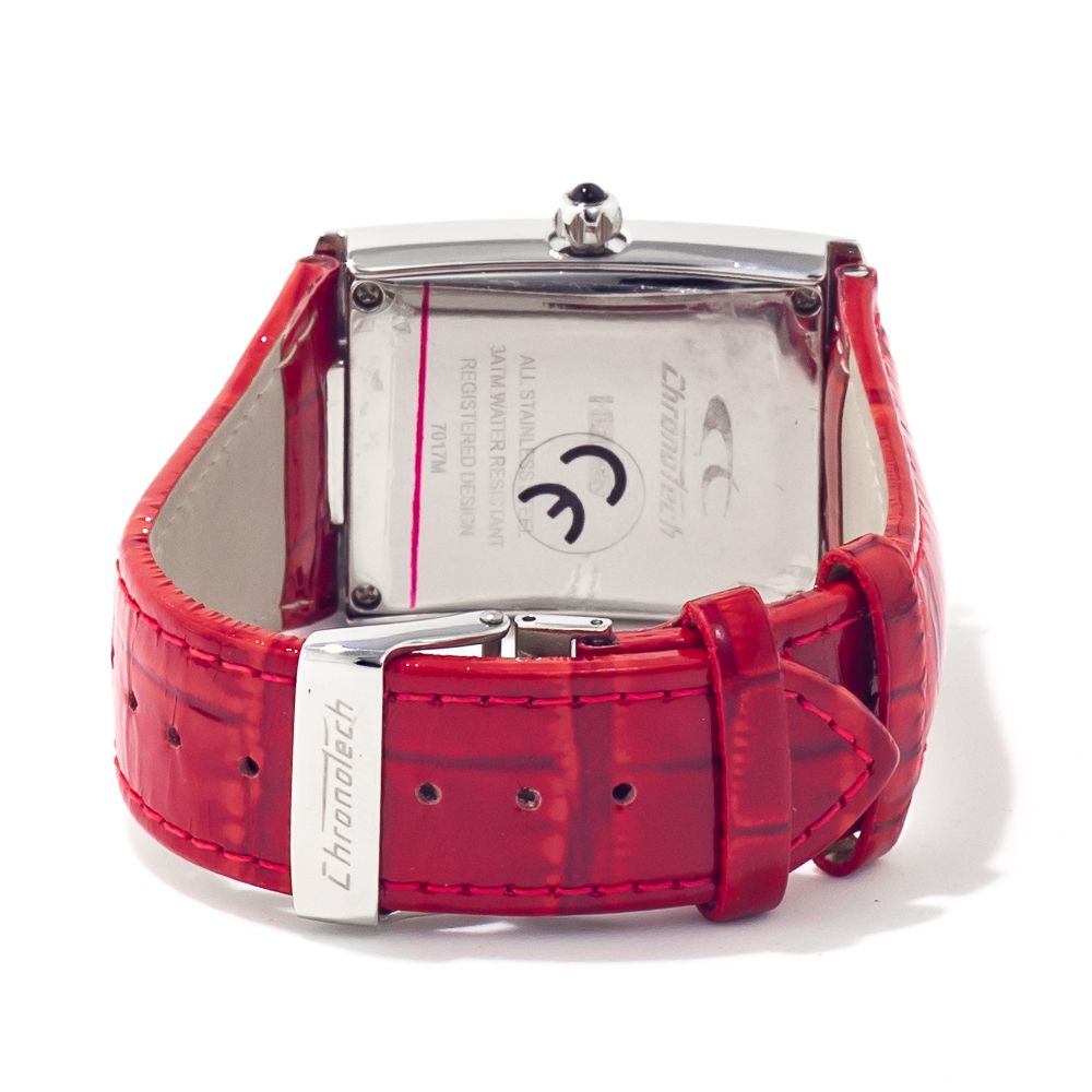 Red leather watch with silver face and white hands