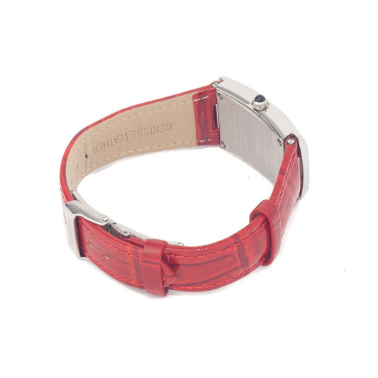 Red and silver watch with leather strap