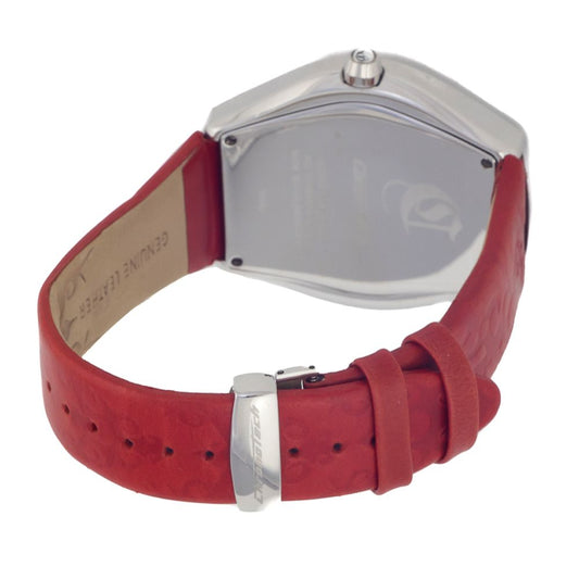 Red leather watch with silver buckle and white face