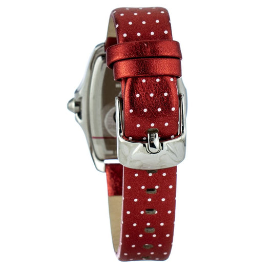 Red leather watch with white polka dots on strap