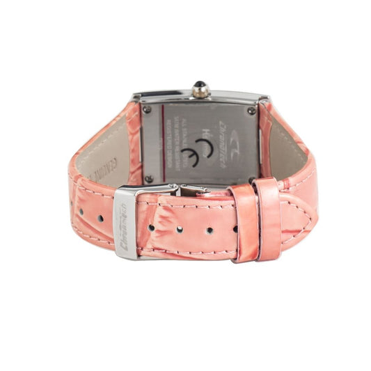 Pink leather watch with silver buckle and face