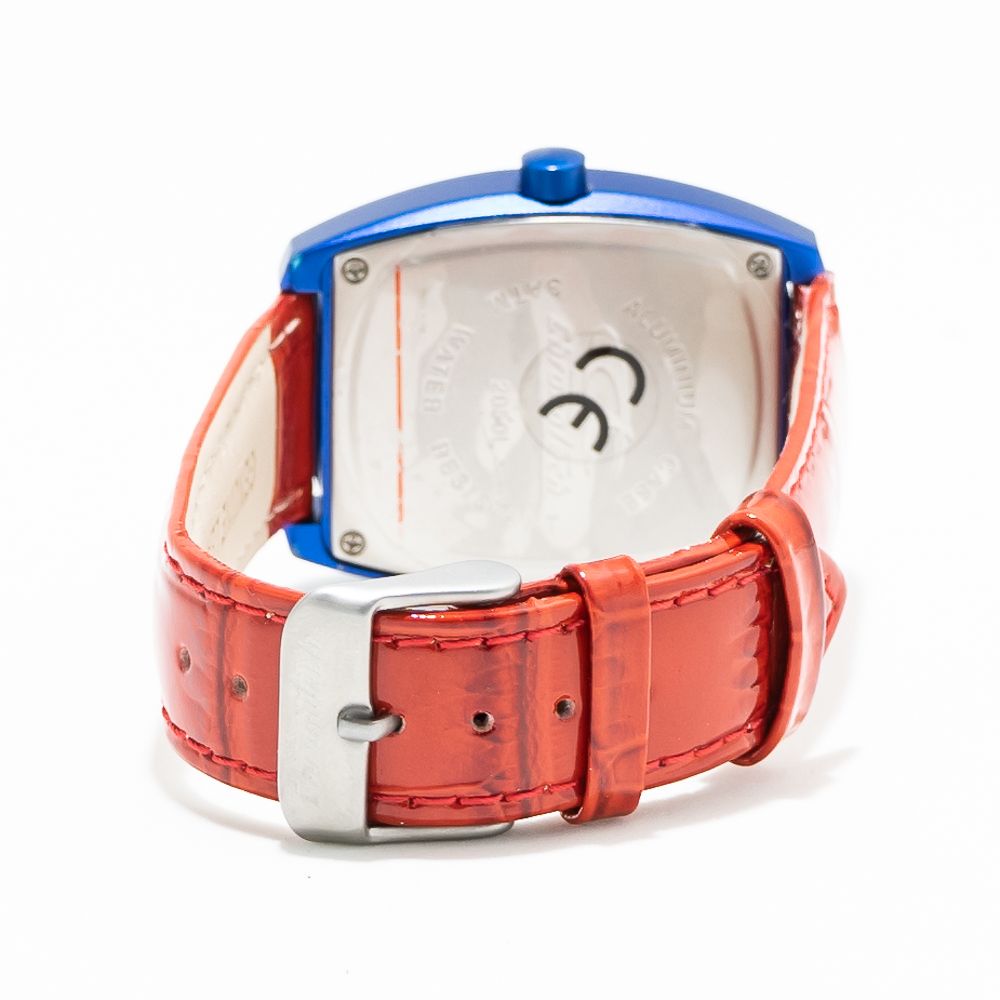 Red and blue leather watch with silver buckle