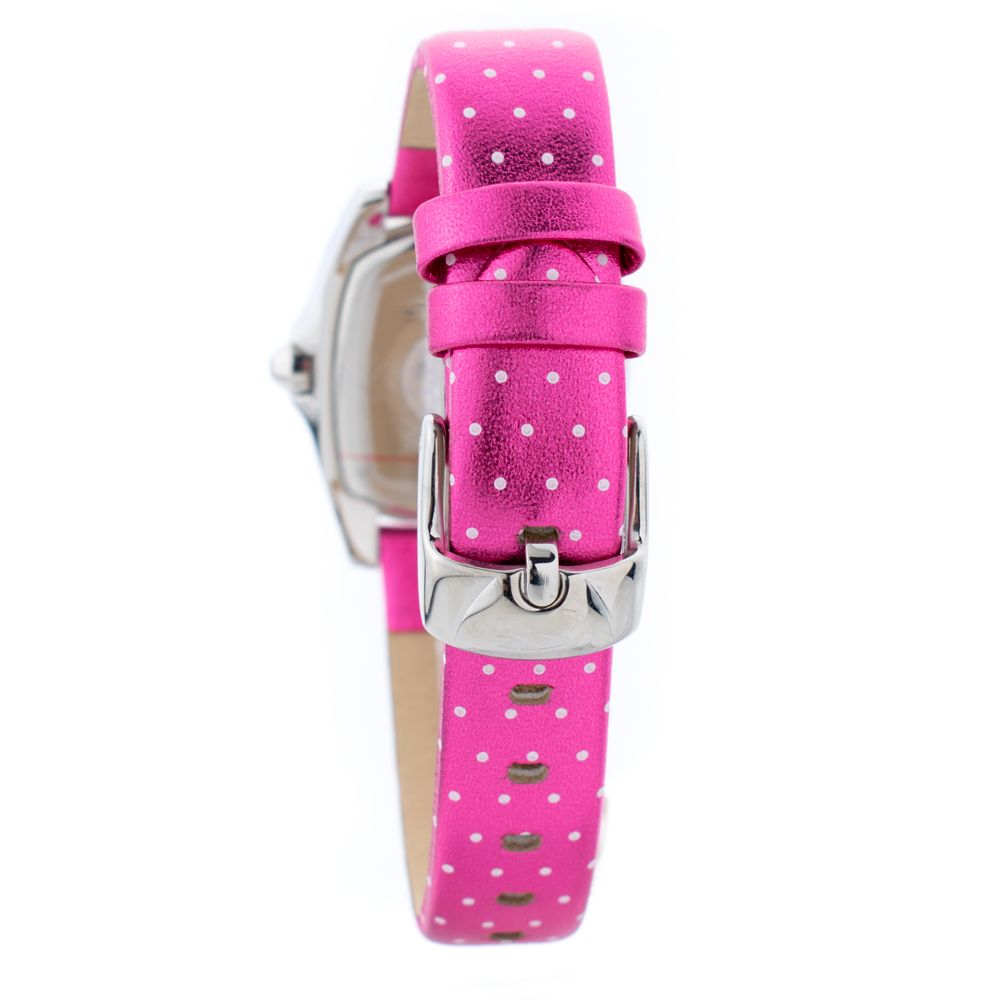 Pink leather watch with polka dots on strap