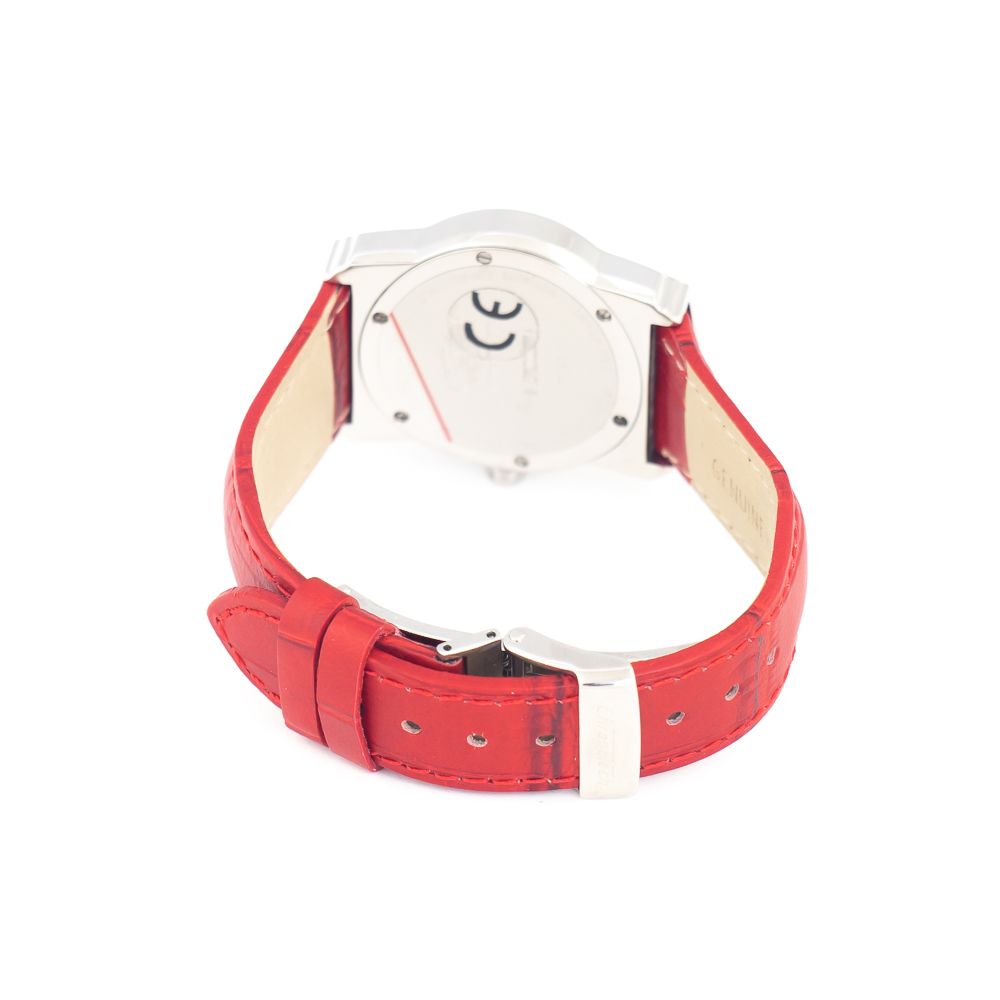 Red leather watch with silver face and white hands