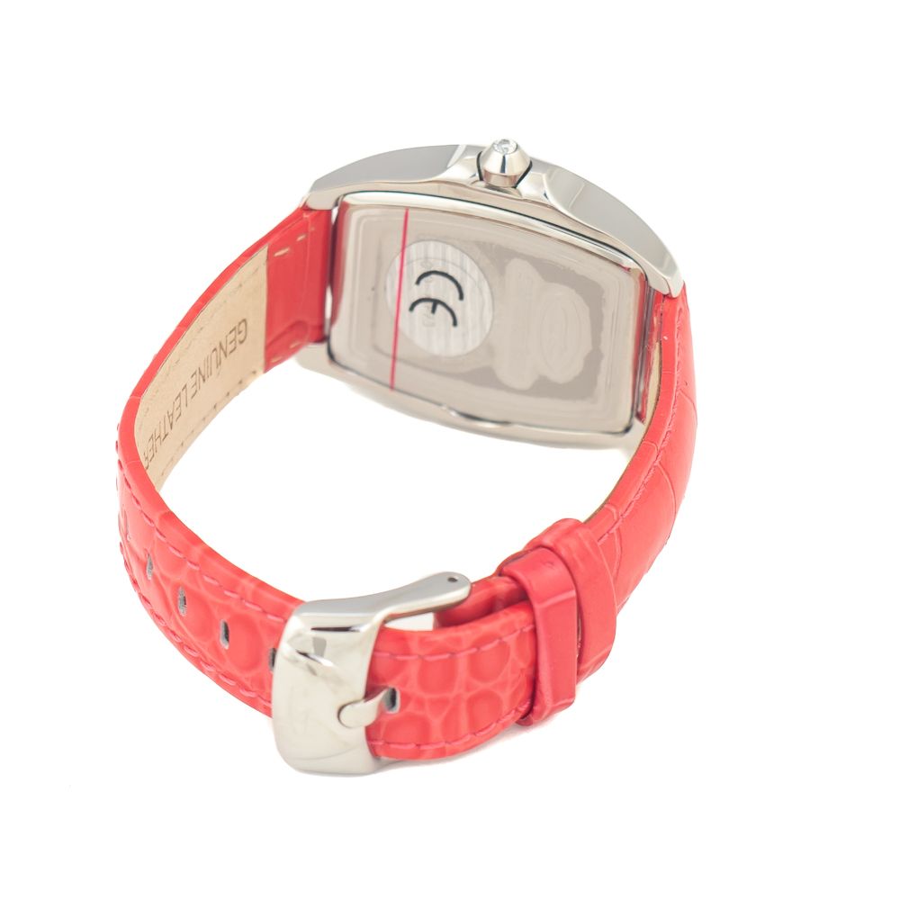 Red leather watch with silver buckle and white face