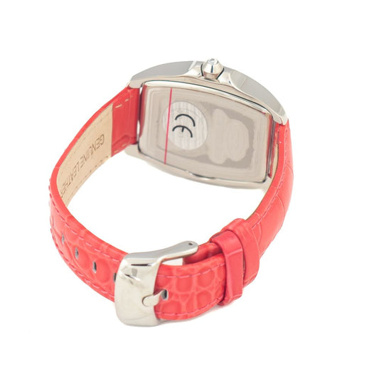 Red leather watch with silver buckle and white face