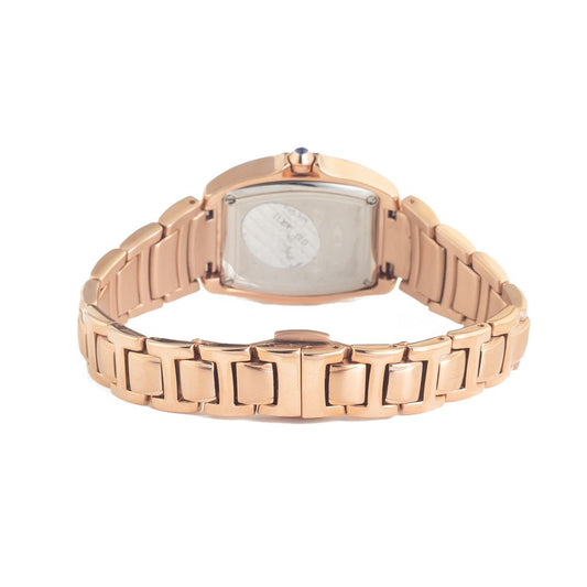 A rose gold bracelet with a white face watch