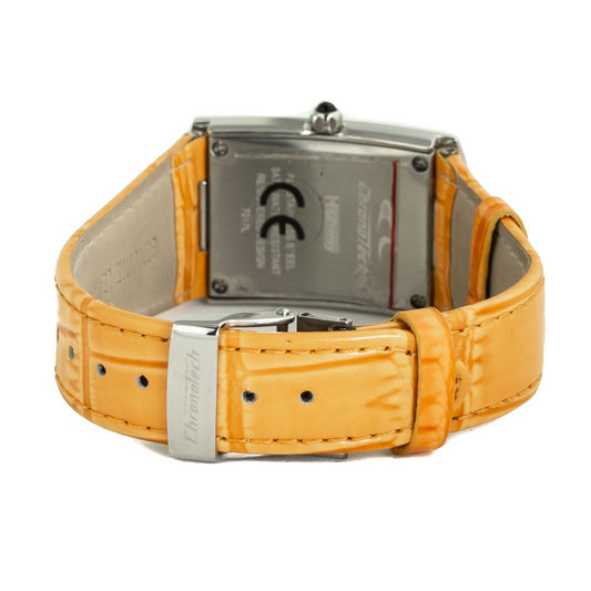 A brown leather watch strap with a silver buckle