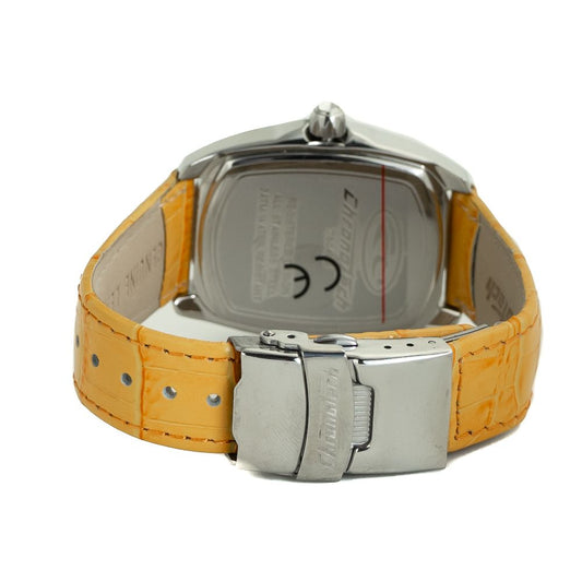 A silver and orange leather watch with a chronograph function