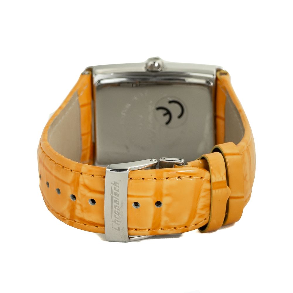 A yellow leather watch strap with a silver buckle