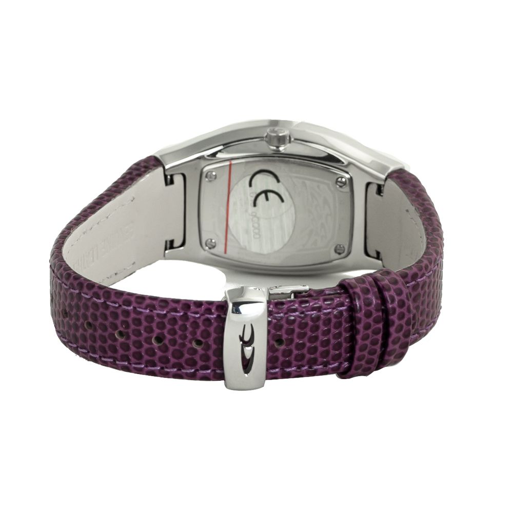 A purple leather watch with a silver buckle, featuring a chronograph function