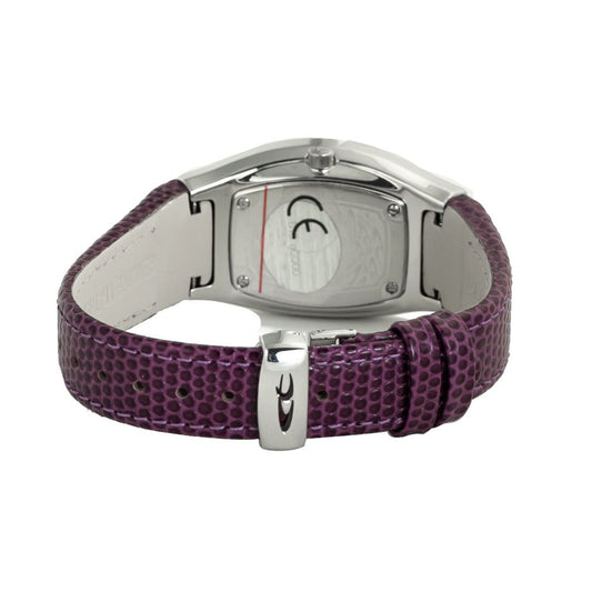A purple leather watch with a silver buckle, featuring a chronograph function